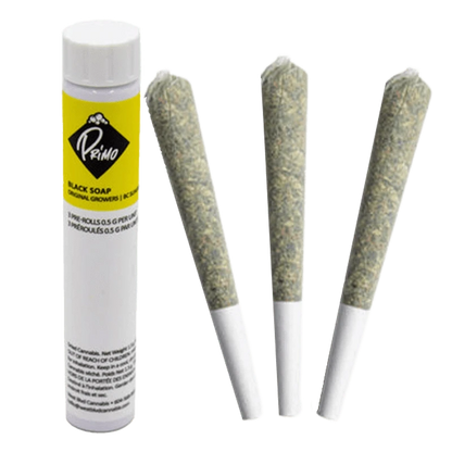 A close-up shot of three BC Sungrown Black Soap Pre Rolled 0.5 g joints against a plain white background.