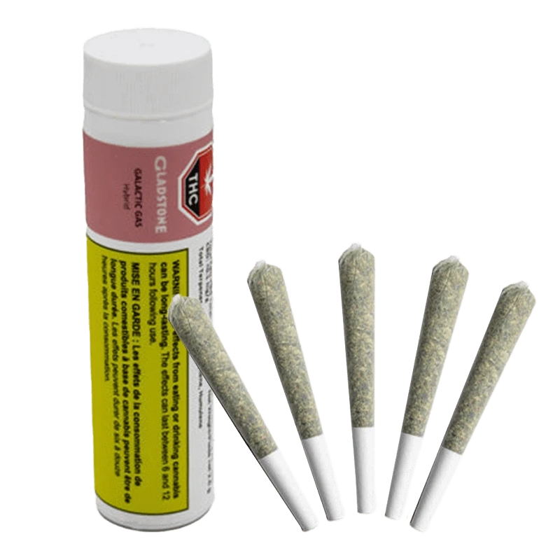 Gladstone Galactic Gas Pre Rolled 5 x 0.5 g pre-rolled joints displayed against a stark white background, arranged in a linear composition.