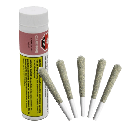 Gladstone Galactic Gas Pre Rolled 5 x 0.5 g pre-rolled joints displayed against a stark white background, arranged in a linear composition.