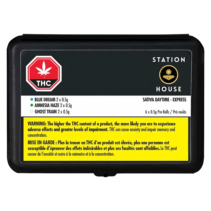 Front view of the Daytime Express Variety Pack Pre Rolled 12 x 0.5g box, featuring a colorful design with cannabis leaf details.