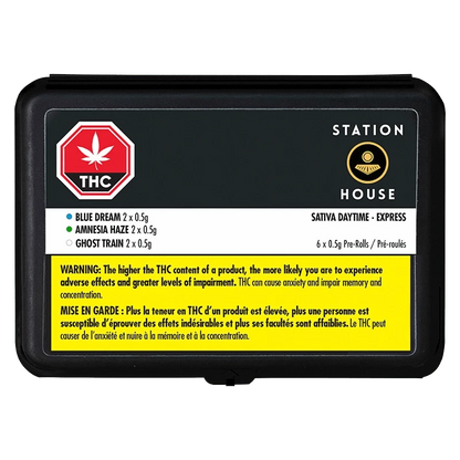 Front view of the Daytime Express Variety Pack Pre Rolled 12 x 0.5g box, featuring a colorful design with cannabis leaf details.