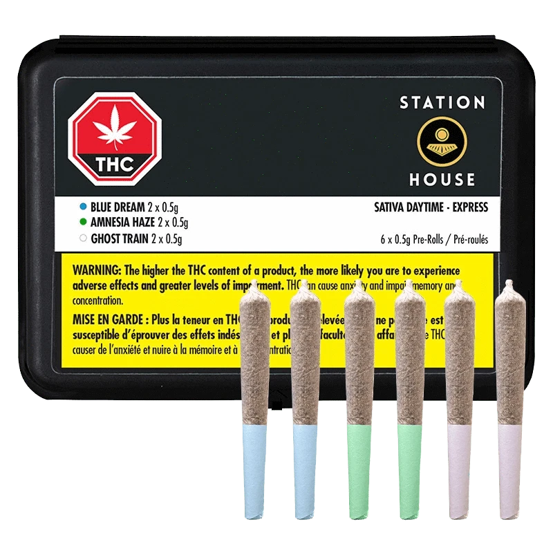 Close-up of the Daytime Express Variety Pack Pre Rolled 12 x 0.5 g pre-rolled joints against a dark background with branding elements.