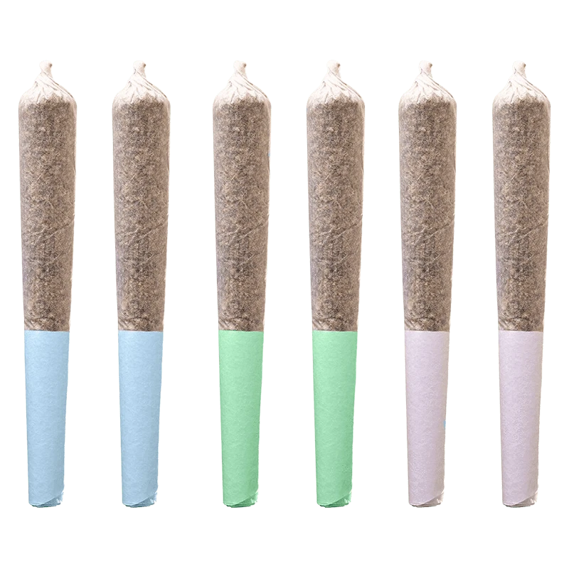 A close-up, angled view of the Daytime Express Variety Pack Pre Rolled 12 x 0.5 g joints, displaying their paper-wrapped designs.