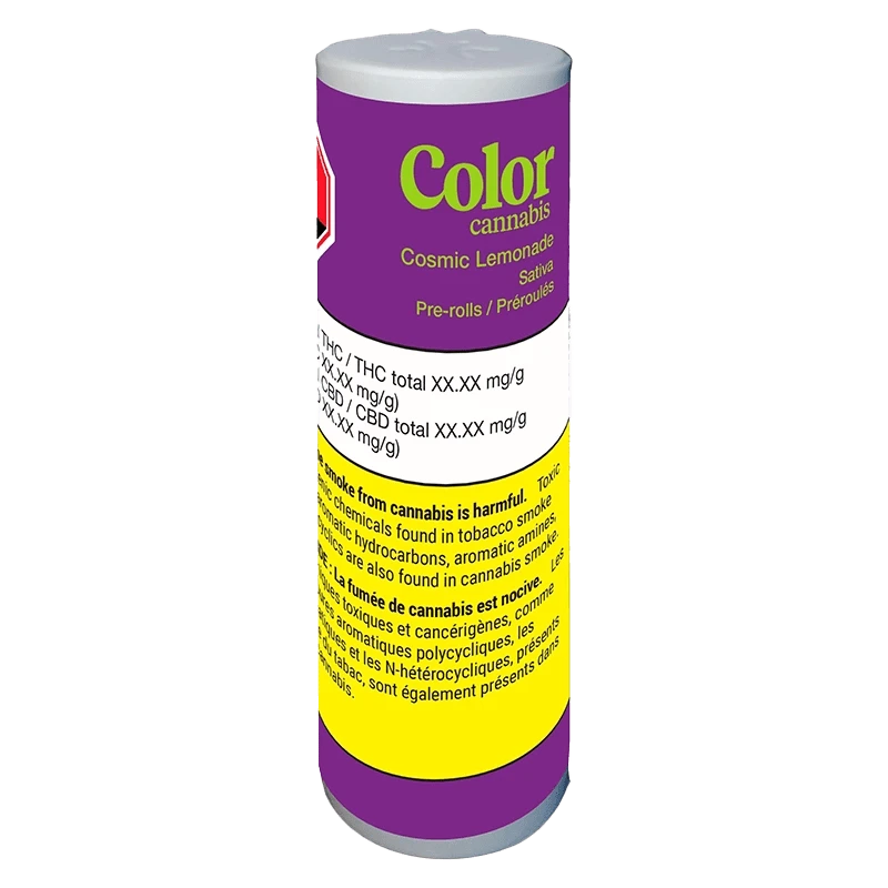 Front view of the Cosmic Lemonade Pre Rolled 10 x 0.35 g packaging, featuring colorful text on a black background.