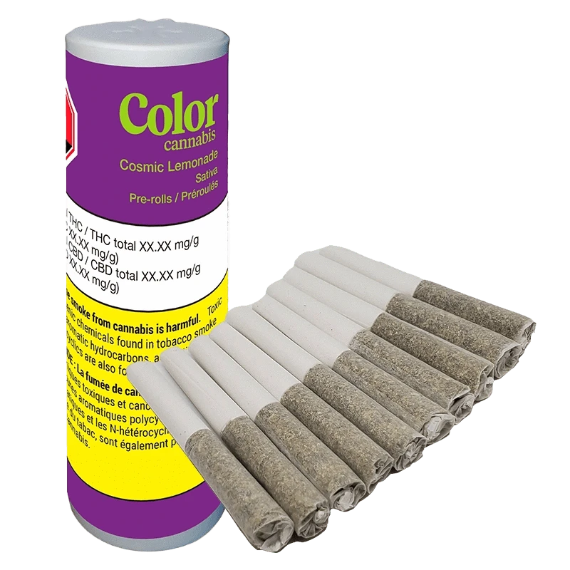 A close-up view of the Cosmic Lemonade Pre Rolled 10 x 0.35 g pre-rolls packaging with a colorful, illustrative design.