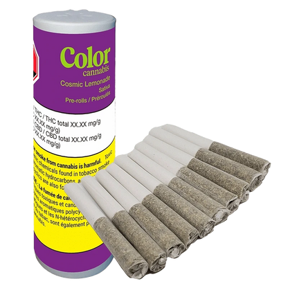 A close-up view of the Cosmic Lemonade Pre Rolled 10 x 0.35 g pre-rolls packaging with a colorful, illustrative design.