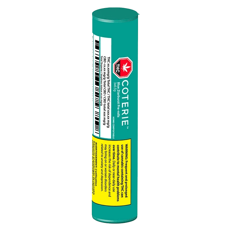 Blue Ztarburzt Pre Rolled 3 x 0.5 g packaging shown in a close-up, angled shot with bold text and warnings visible on the label.