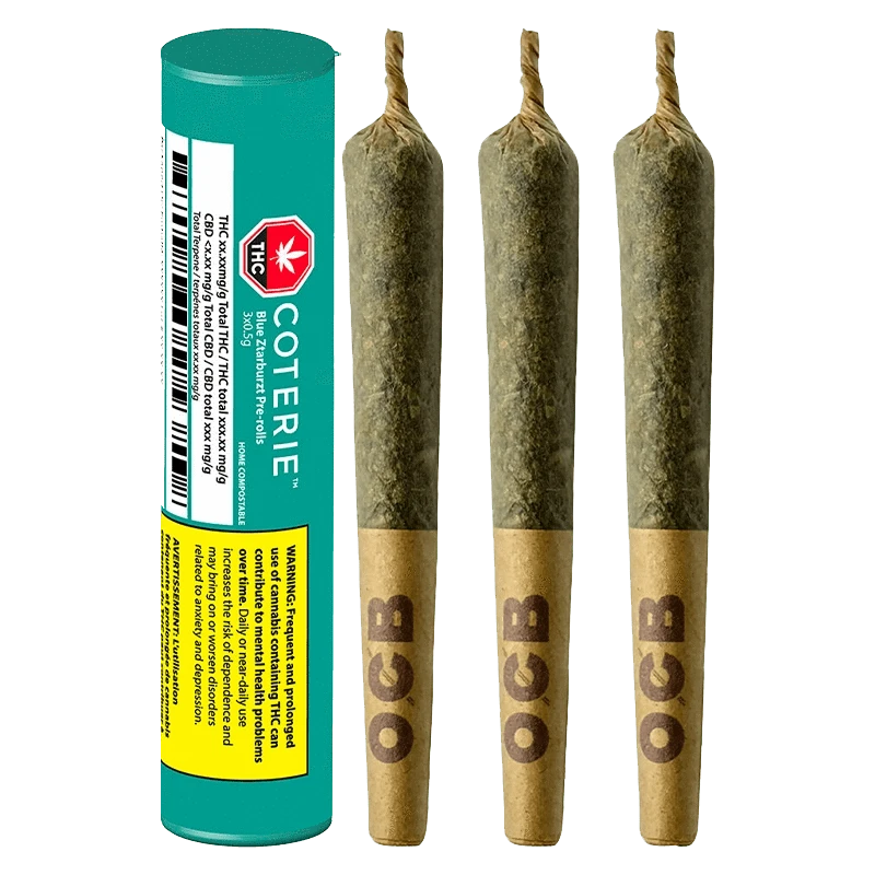 Front view of the Blue Ztarburzt Pre Rolled 3 x 0.5 g packaging, with a teal and white design and warning labels.