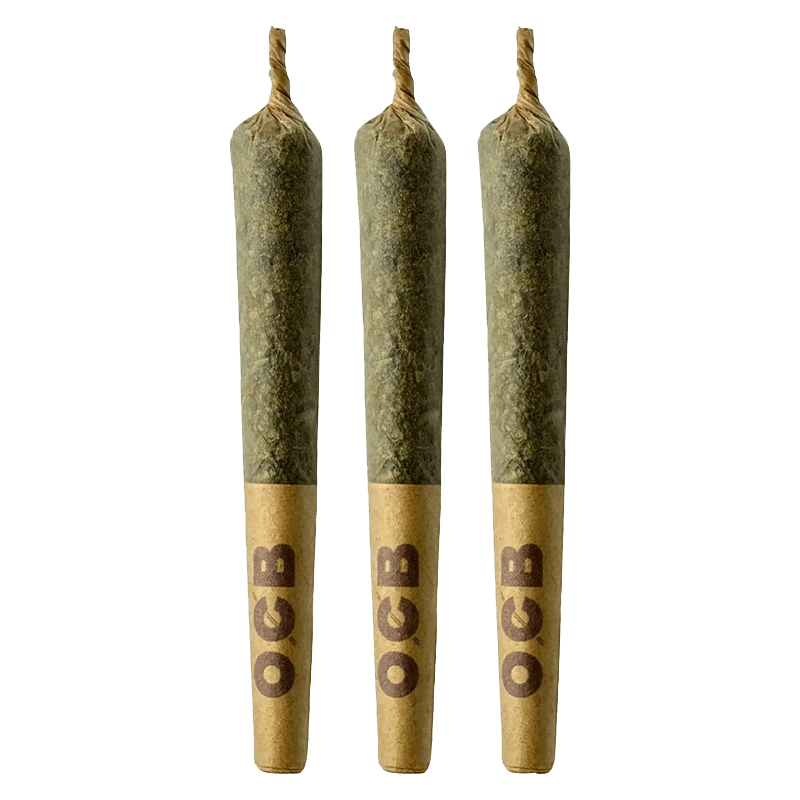 A studio shot of three sealed, 0.5g packages of Blue Ztarburzt PR, arranged in a horizontal line against a neutral background.