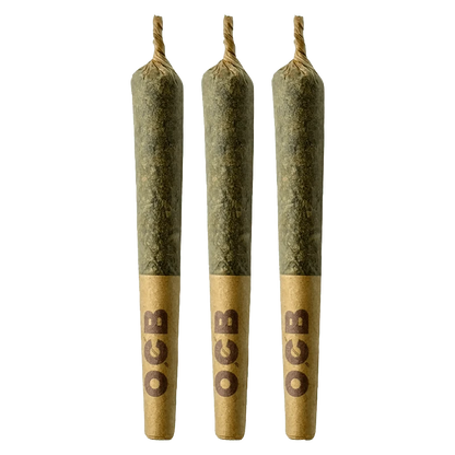 A studio shot of three sealed, 0.5g packages of Blue Ztarburzt PR, arranged in a horizontal line against a neutral background.