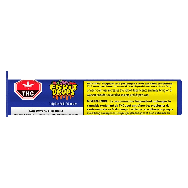 Front view of the Zour Watermelon Blunt Pre Rolled 1 x 1 g packaging, featuring bold graphics and a warning label against frequent use.