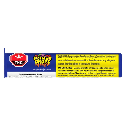 Front view of the Zour Watermelon Blunt Pre Rolled 1 x 1 g packaging, featuring bold graphics and a warning label against frequent use.