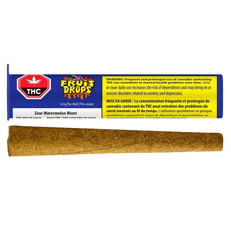Front view of the Zour Watermelon Blunt Pre Rolled 1 x 1 g packaging with a red and white logo on a black background.