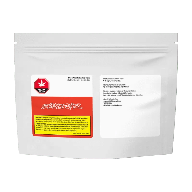 Front view of the sealed package for GG4 x Alien Technology cannabis, displaying bold branding against a dark background.