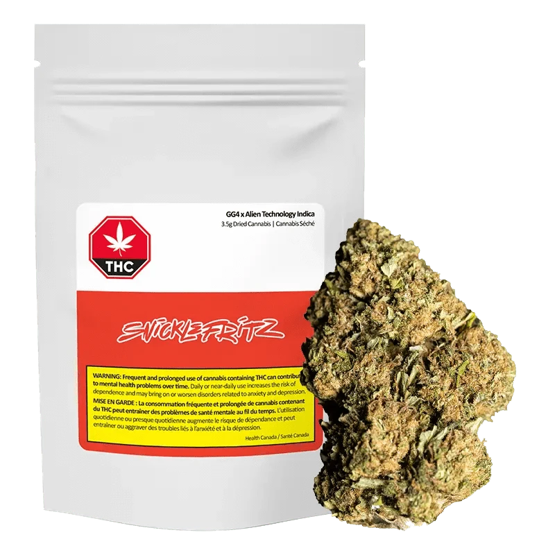 Front view of the GG4 x Alien Technology package with a dark background and warning label in French.