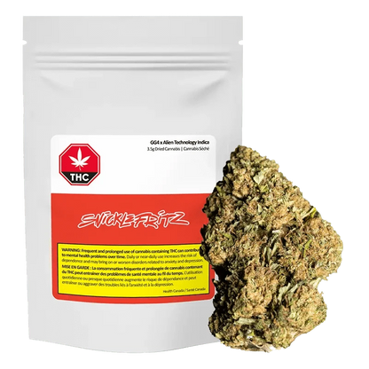 Front view of the GG4 x Alien Technology package with a dark background and warning label in French.