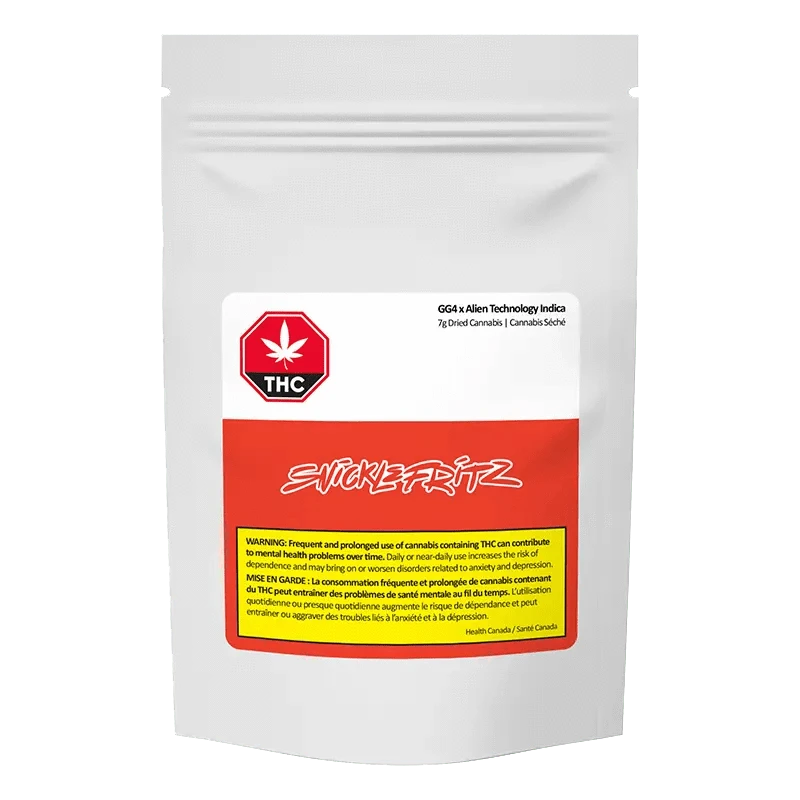 Close-up of the GG4 x Alien Technology package, displaying a warning label against prolonged use.