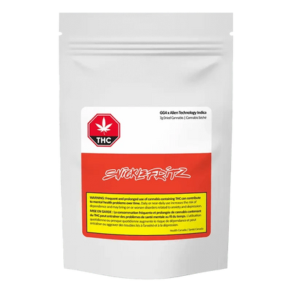 Close-up of the GG4 x Alien Technology package, displaying a warning label against prolonged use.