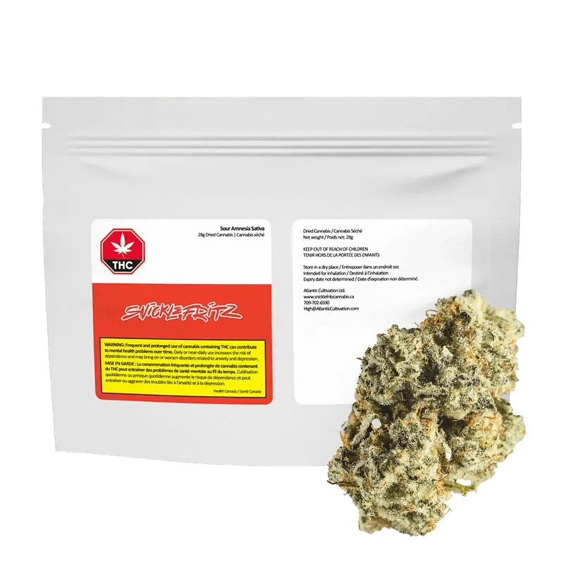 Front view of the Sour Amnesia package, displaying cannabis flower information against a dark background.