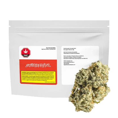Front view of the Sour Amnesia package, displaying cannabis flower information against a dark background.