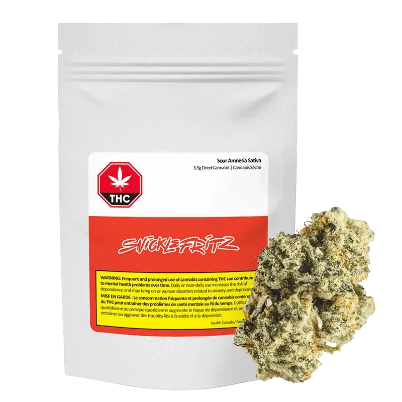 Front view of the Sour Amnesia package, displaying cannabis information in a black and orange design.