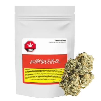Front view of the Sour Amnesia package, displaying cannabis information in a black and orange design.