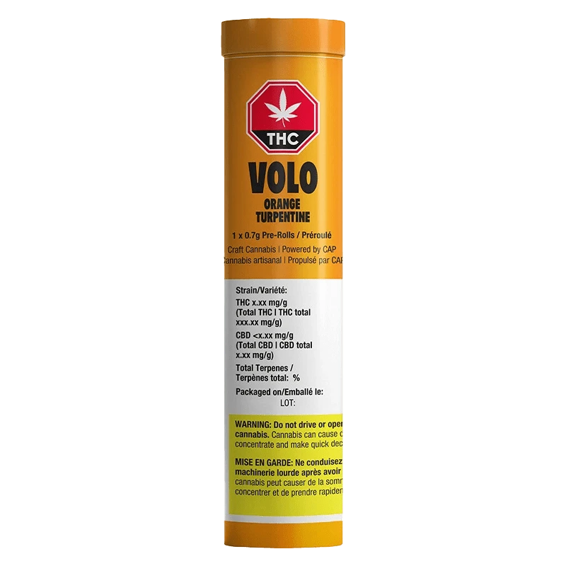 Front view of the Orange Turpentine Pre Rolled 1 x 0.7 g pre-roll packaging with a bright orange and black design, and a cannabis leaf symbol.