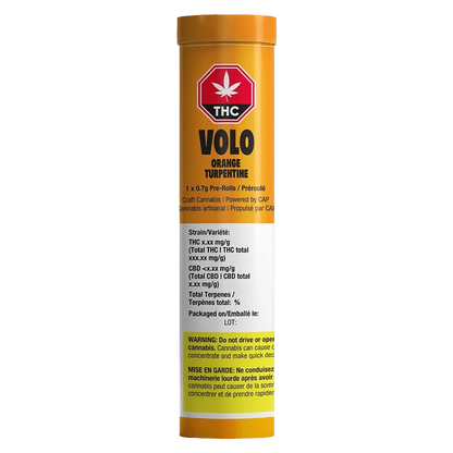 Front view of the Orange Turpentine Pre Rolled 1 x 0.7 g pre-roll packaging with a bright orange and black design, and a cannabis leaf symbol.