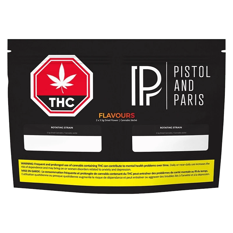 Front view of the Flavours packaging with a bold design and text indicating potential health risks.