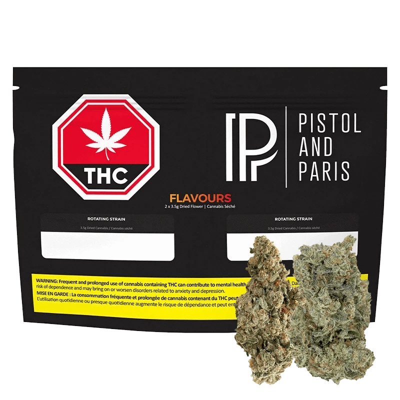 Front view of the Flavours packaging, displaying a bold graphic with the brand name alongside text indicating “2.5g”.