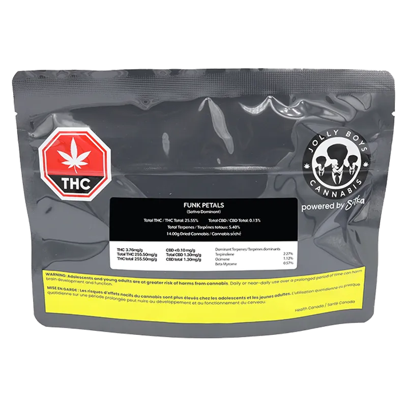 Front-facing shot of a gray resealable pouch labeled "Funk Petals" by Funk Petals with THC symbol and nutrition-style black label centered.
