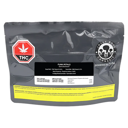Front-facing shot of a gray resealable pouch labeled "Funk Petals" by Funk Petals with THC symbol and nutrition-style black label centered.