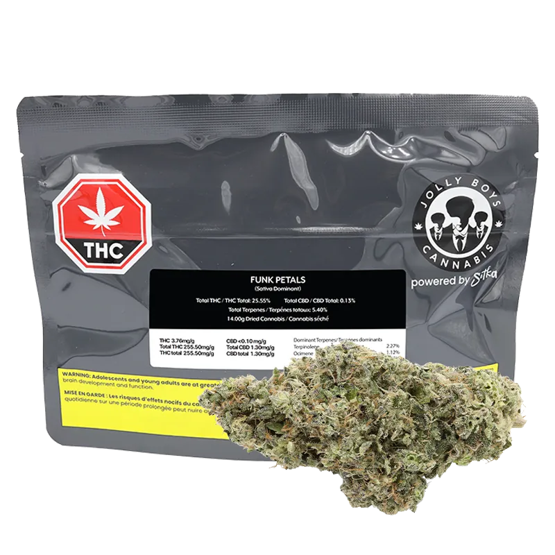 Front-facing shot of a black resealable pouch labeled Funk Petals with a loose cluster of light-green, trichome-speckled buds in front.