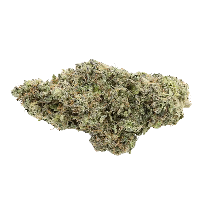Close-up side view of a single Funk Petals cannabis bud on a white background, showing frosty trichomes and orange pistils.