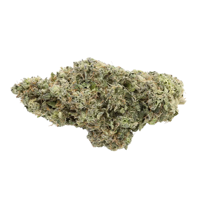 Close-up side view of a single Funk Petals cannabis bud on a white background, showing frosty trichomes and orange pistils.