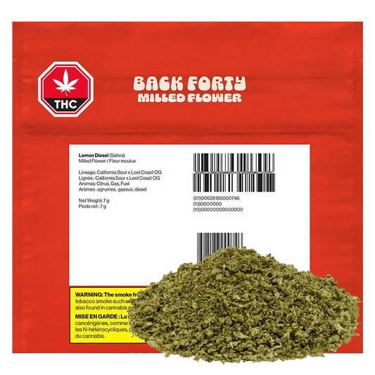 Front view of the Back Forty Lemon Diesel package, displaying cannabis branding and text on a white background.