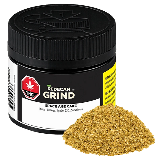 Front view of the Space Age Cake Grind package, showing branding and text on a light background.