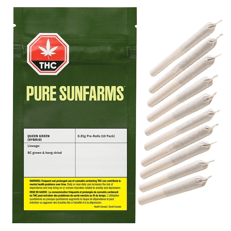 Close-up of the Queen Green Pre Rolled 10 x 0.35 g package, displaying a warning label on a black background with a green leaf icon.