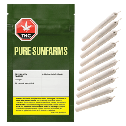 Close-up of the Queen Green Pre Rolled 10 x 0.35 g package, displaying a warning label on a black background with a green leaf icon.