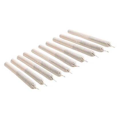 A top-down view of ten Queen Green Pre Rolled 0.35 g pre-rolled joints arranged in a horizontal line against a white backdrop.