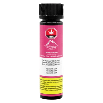 A close-up, angled view of the Cosmic Cherry Pre Rolled 10 x 0.5 g product packaging featuring a vibrant pink and black label.