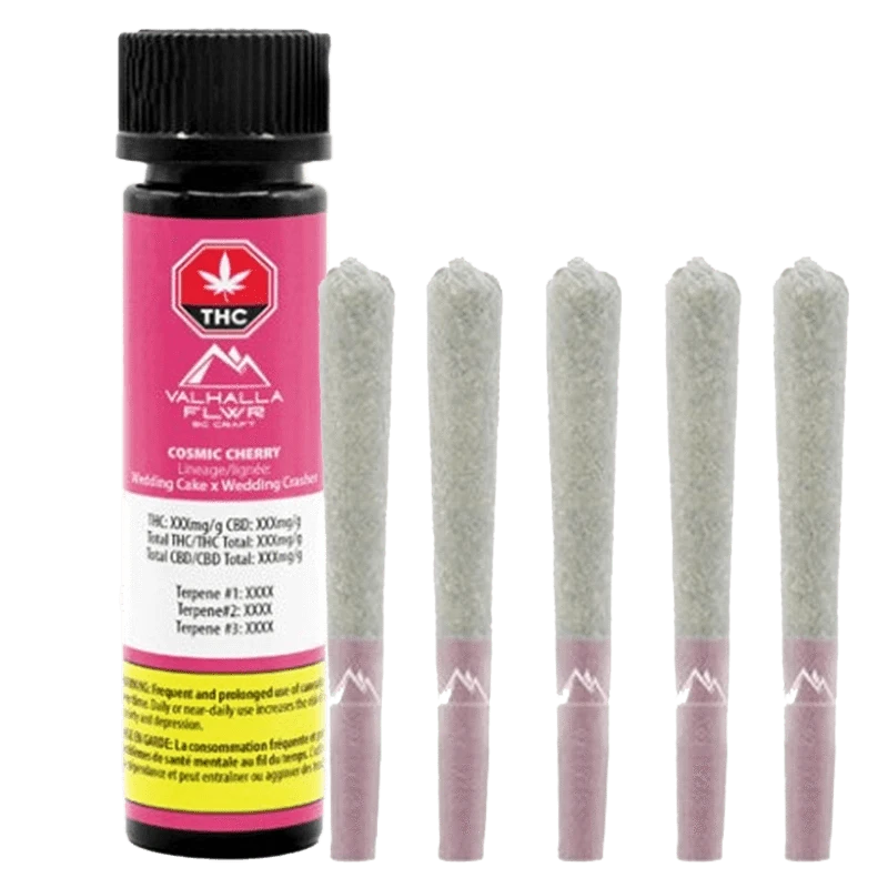 Close-up, angled view of the Cosmic Cherry Pre Rolled 10 x 0.5 g package, displaying bright red and white branding with a black logo.