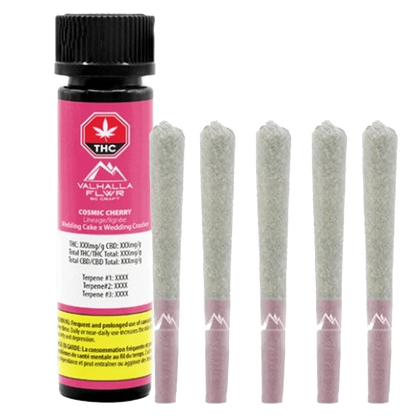 Close-up, angled view of the Cosmic Cherry Pre Rolled 10 x 0.5 g package, displaying bright red and white branding with a black logo.