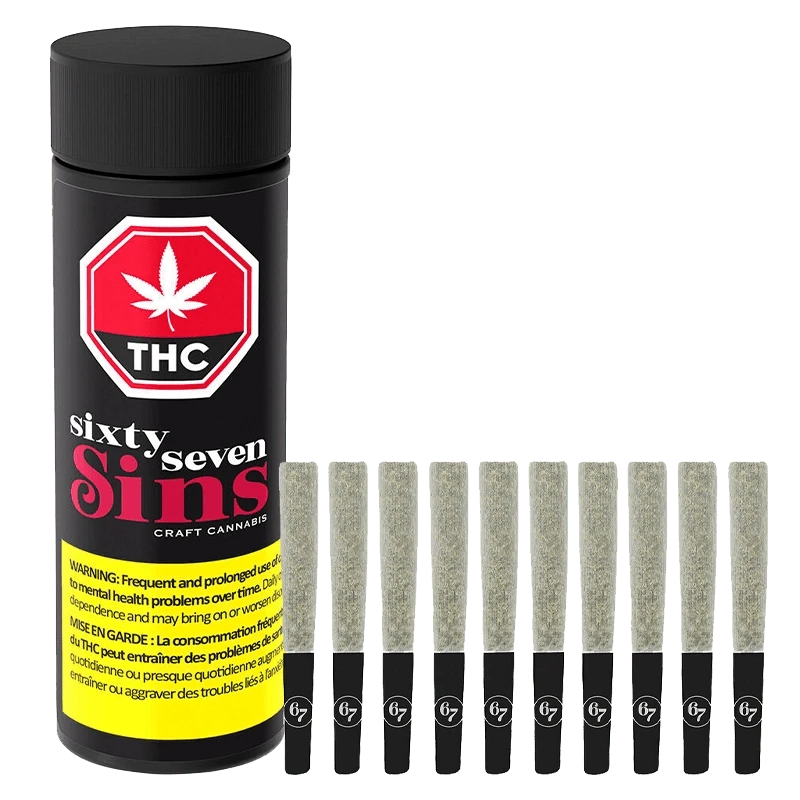Front view of the Canadian Chill Pre Rolled 10 x 0.5 g packaging with a black and gold label displaying the brand name and cannabis leaf icon.