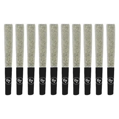Overhead shot of ten Canadian Chill Pre Rolled 0.5g containers arranged in a grid on a black background.
