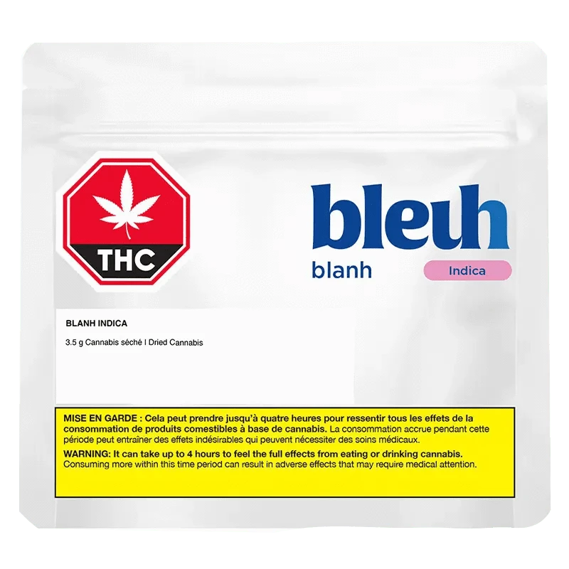 Front view of the “Blanh” packaging featuring bold typography, a cannabis leaf, and a gradient color scheme.