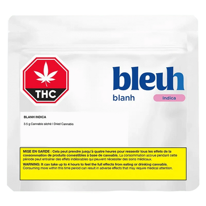 Front view of the “Blanh” packaging featuring bold typography, a cannabis leaf, and a gradient color scheme.