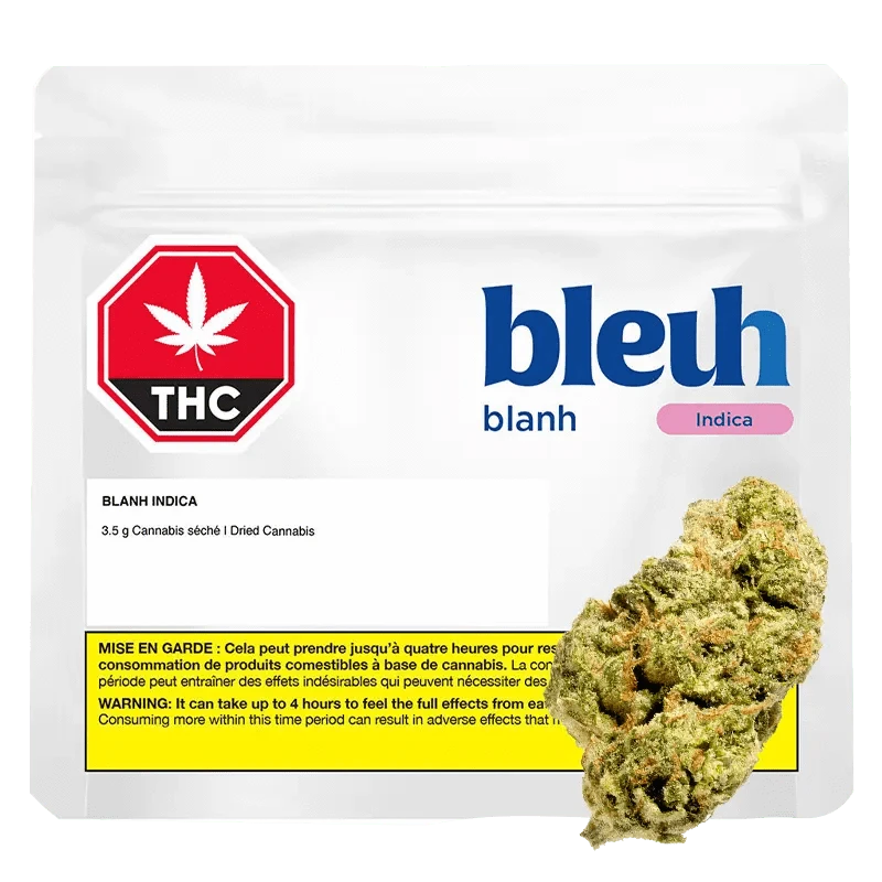 Front view of the “Blanh” packaging, featuring bold white text over a dark background with a small cannabis leaf icon.