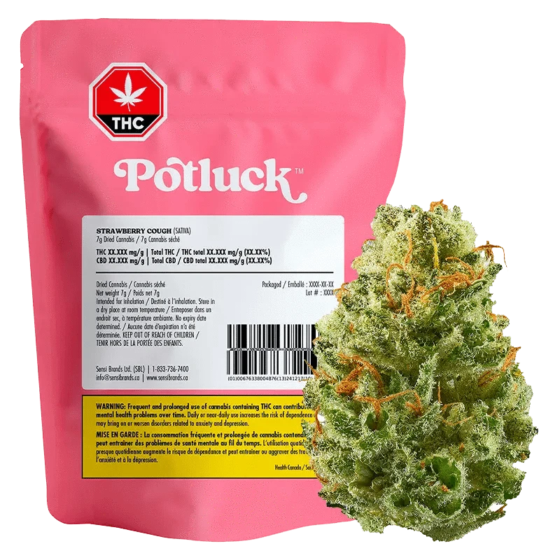 A front view of the packaged “Strawberry Cough” with a light-colored label and a prominent cannabis leaf logo.