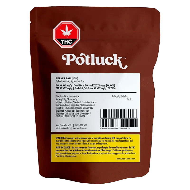 A close-up of the Potluck Beaver Tail package, displaying product details in French and English with a THC warning label.